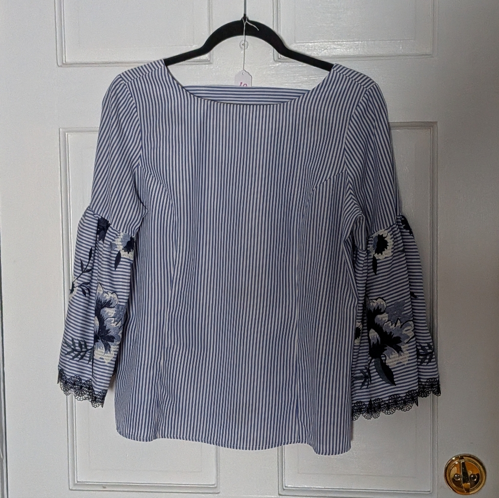 Joseph Ribkoff Blue & White Striped Blouse Floral Embroidered Sleeves - Picture 2 of 5